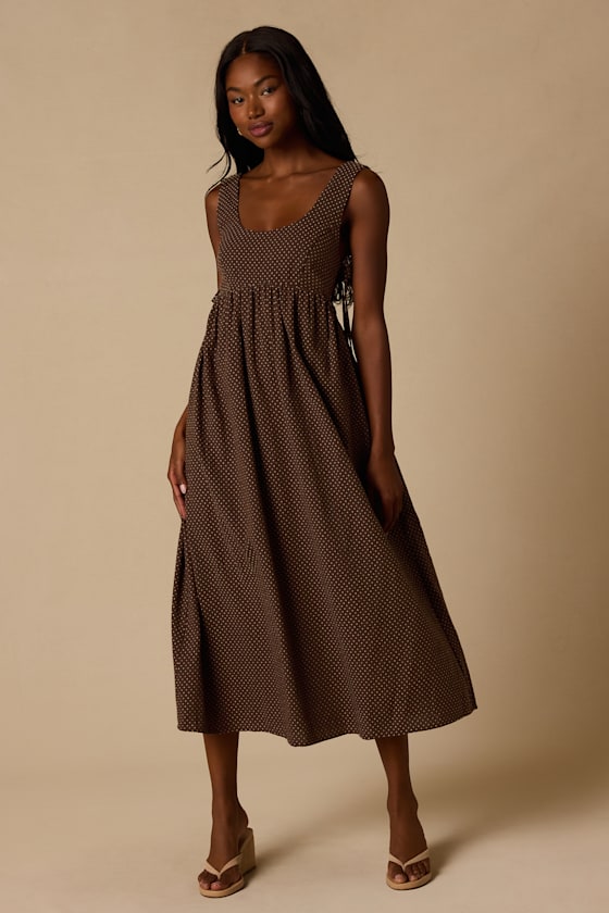 Shalena Brown Polka Dot Side-Tie Midi Dress 1