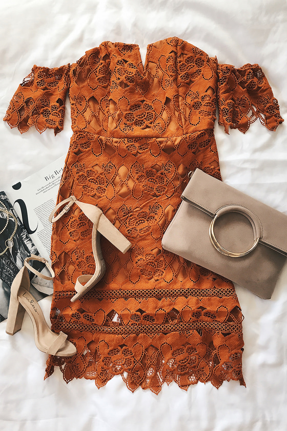Burnt Orange Dress - Lace Dress - Off-the-Shoulder Dress