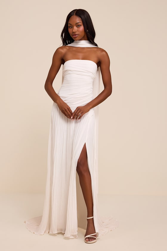 Lulus Nellie White Pleated Maxi Dress and Scarf Set