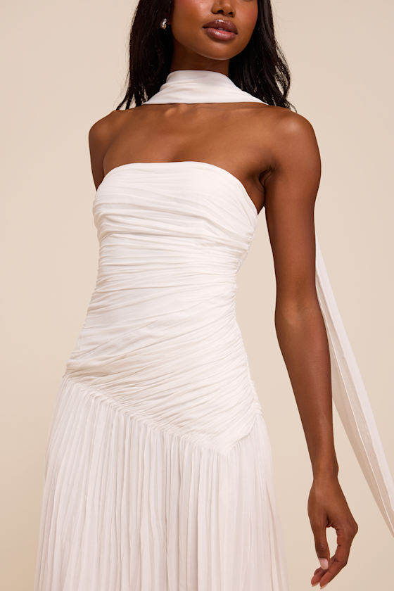 Nellie White Pleated Maxi Dress and Scarf Set 3
