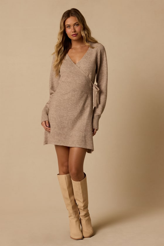 Carter Taupe Wrap Sweater Dress - thumbnail 3