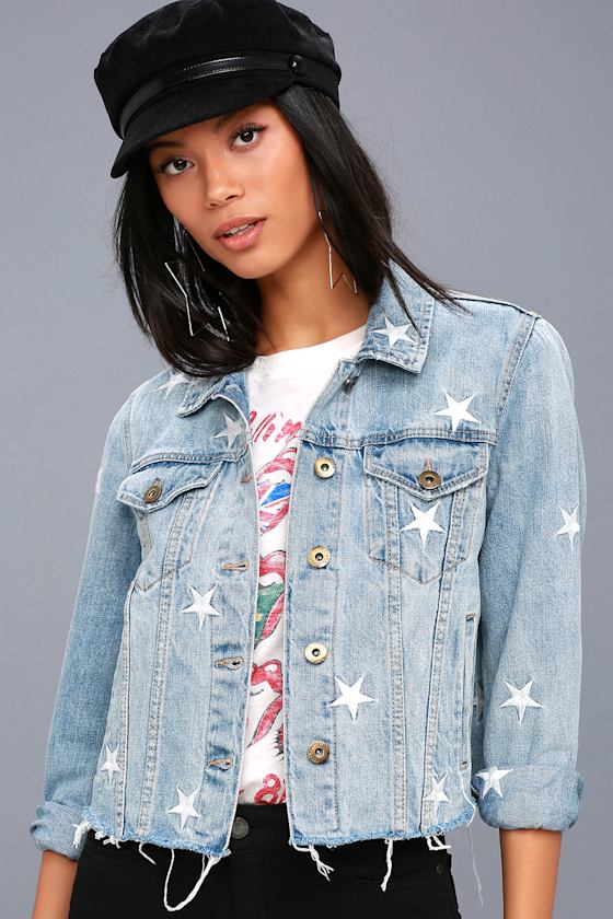 Cool Star Print Denim Jacket Light Wash Denim Jacket Lulus