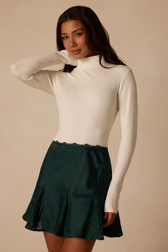 Margot Hunter Green Lace Satin Mini Skirt 2