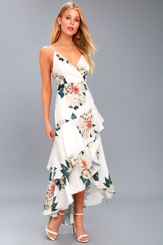 Cute White Floral Print Maxi Dress - High-Low Floral Dress