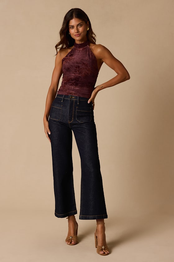 Linda Plum Floral Burnout Halter Top - thumbnail 4