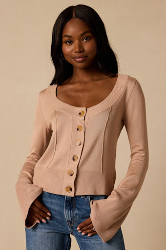 Bastian Camel Button-Front Cardigan Sweater Top 1