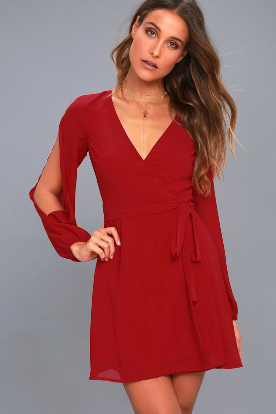Cute Wine Red Wrap Dress - Cold Shoulder Dress - Lulus