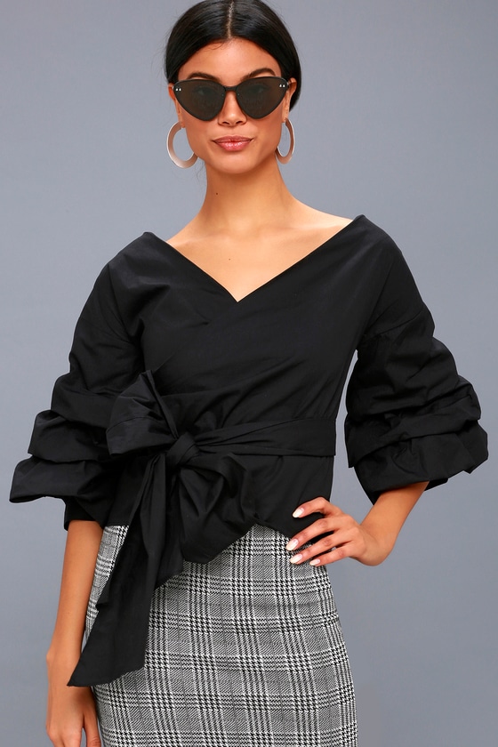Lost + Wander - Black Wrap Top - Statement Sleeve Top - Lulus