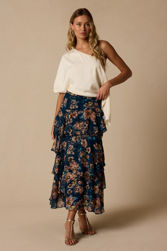 Sincere Dark Teal Floral Tiered Midi Skirt