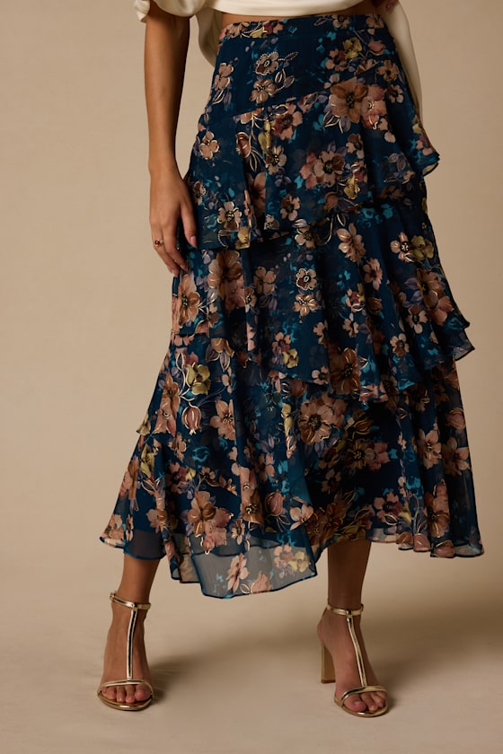 Sincere Dark Teal Floral Tiered Midi Skirt - thumbnail 2