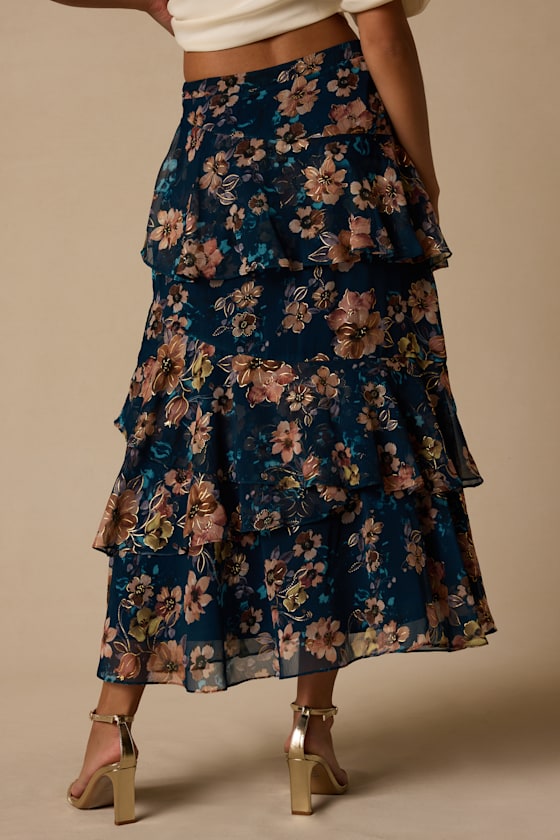 Sincere Dark Teal Floral Tiered Midi Skirt - thumbnail 3