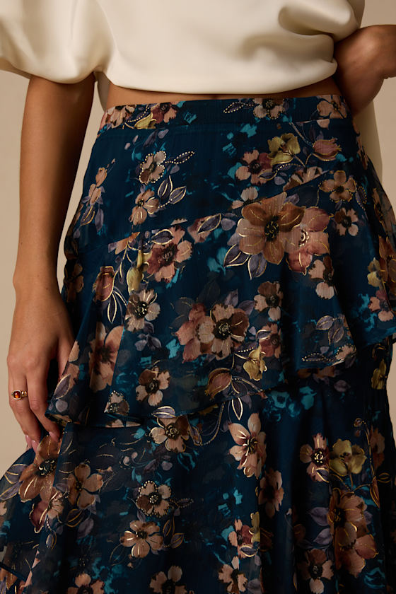 Sincere Dark Teal Floral Tiered Midi Skirt - thumbnail 4