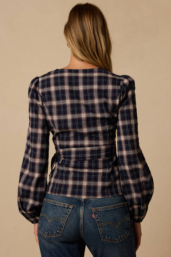 Ana Navy Blue Plaid Wrap Top - thumbnail 3