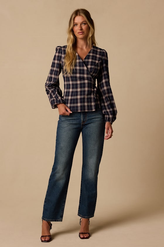 Ana Navy Blue Plaid Wrap Top - thumbnail 4