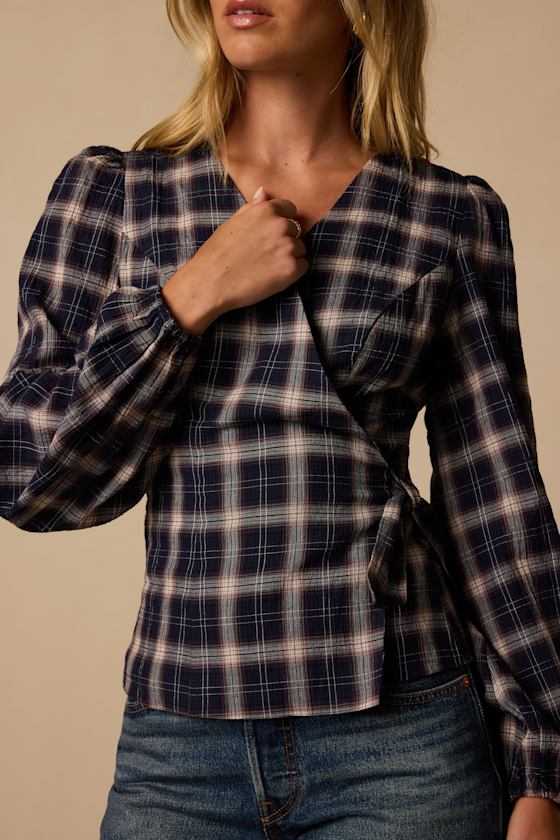 Ana Navy Blue Plaid Wrap Top - thumbnail 5