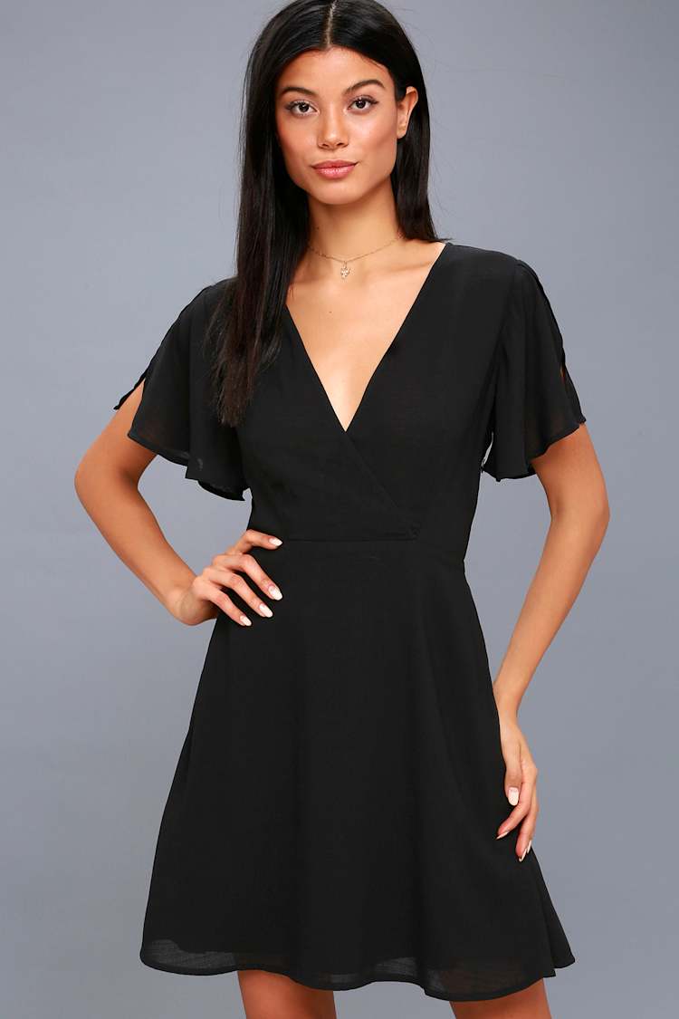 Lovely Black Dress - Surplice Dress - Black Skater - LBD