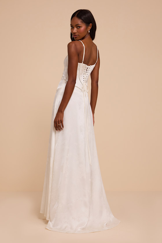 WhiteFloral Jacquard Dress - Satin Jacquard Dress - Lace-Up Dress