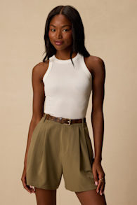 Sharise Olive Pleated High-Rise Shorts 1