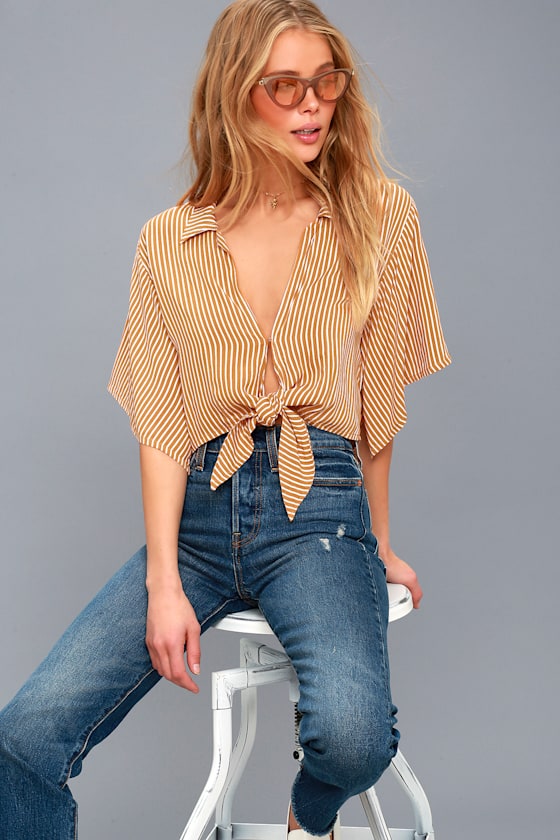 Mojave Golden Yellow Striped Knotted Crop Top 1