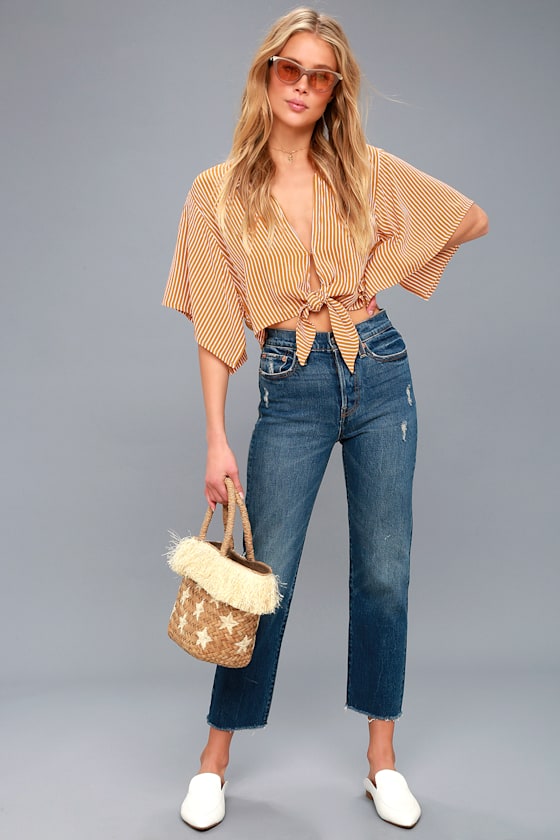 Mojave Golden Yellow Striped Knotted Crop Top 2
