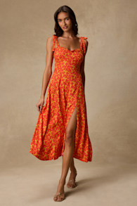 Dara Orange Multi Floral Tie-Strap Midi Dress 1