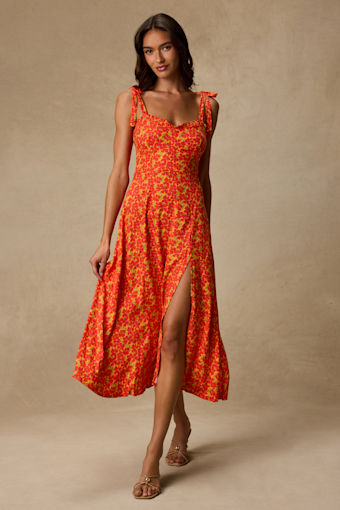 Dara Orange Multi Floral Tie-Strap Midi Dress 1