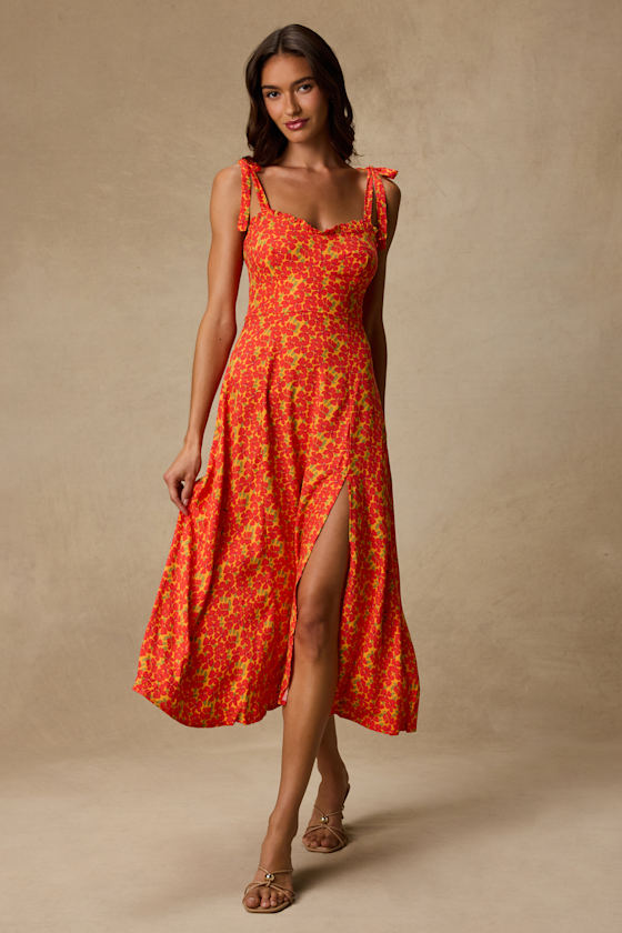 Dara Orange Multi Floral Tie-Strap Midi Dress 1