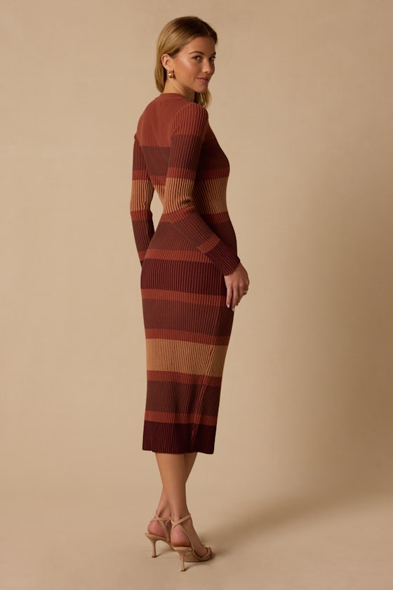 Starkey Brown Striped Ribbed Knit Midi Dress - thumbnail 3