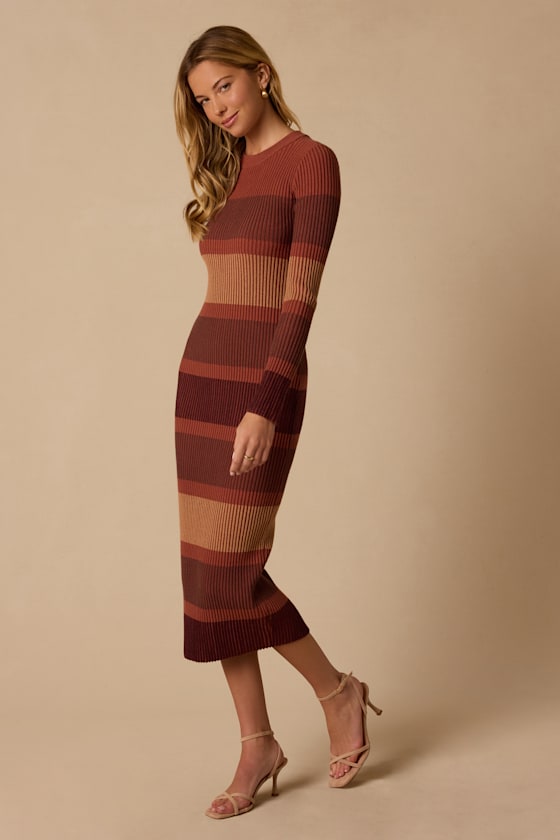 Starkey Brown Striped Ribbed Knit Midi Dress - thumbnail 4