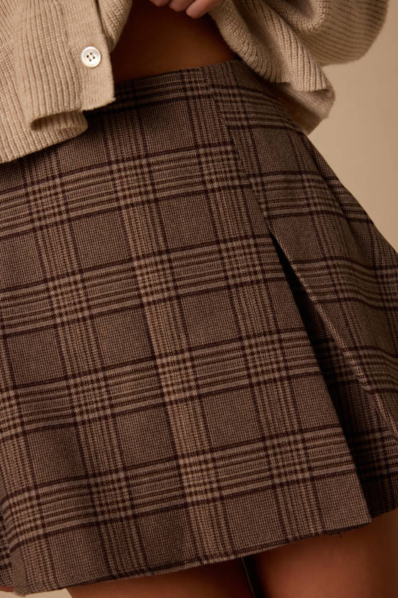 Bennington Taupe Plaid Pleated Mini Skirt - thumbnail 5