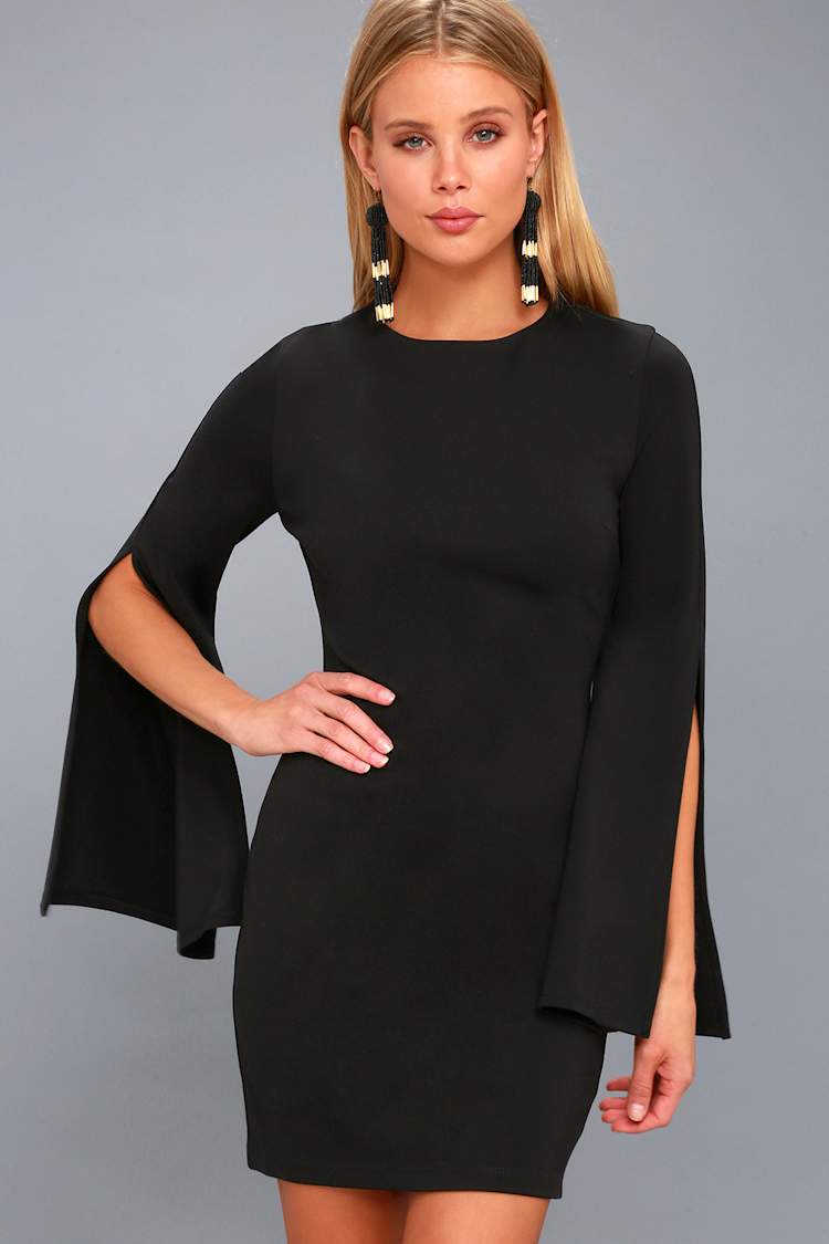 bodycon dress with bell sleeves Classic Black Rose Long Sleeve Bodycon Mini Dress main image 0