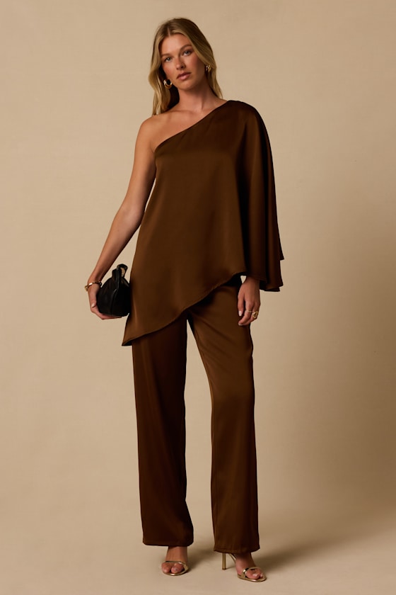 Winona Brown Satin One-Shoulder Top - thumbnail 3