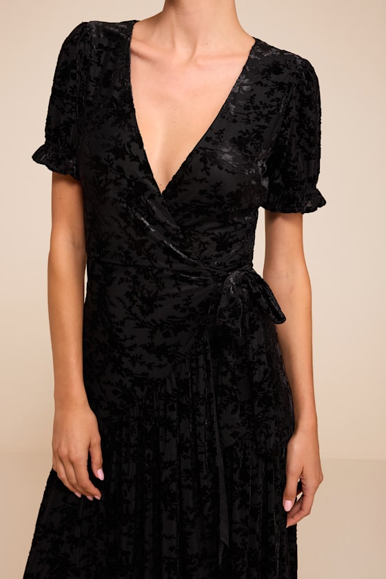 Aaliyah Black Velvet Wrap Midi Dress - thumbnail 2