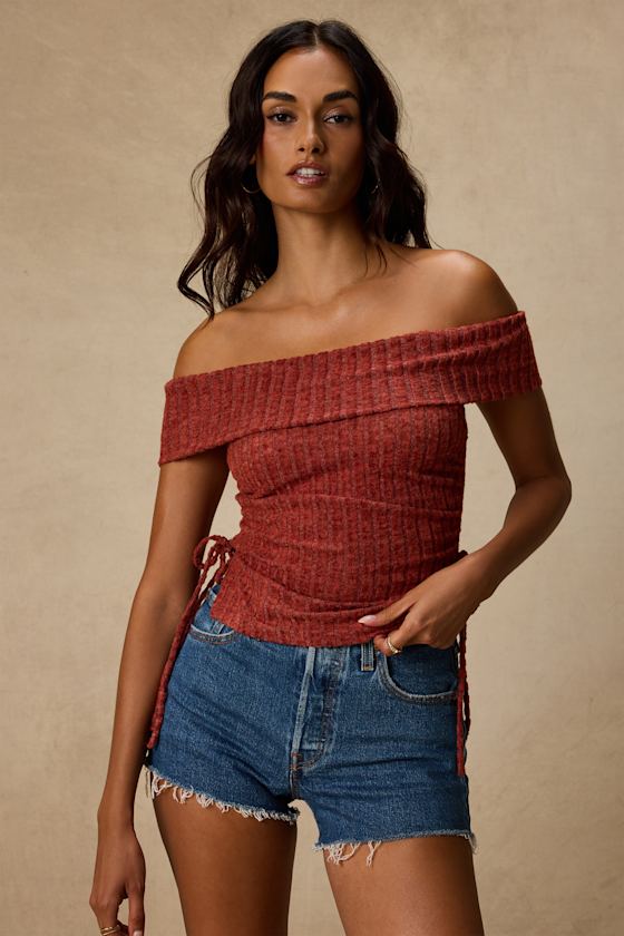 Rust Red Ribbed Knit Top - OTS Knit Top - Rust Red Ruched OTS Top