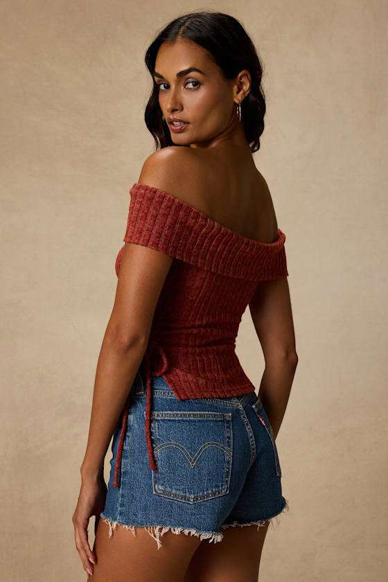 Saphira Rust Red Ribbed Knit Off-the-Shoulder Top 2