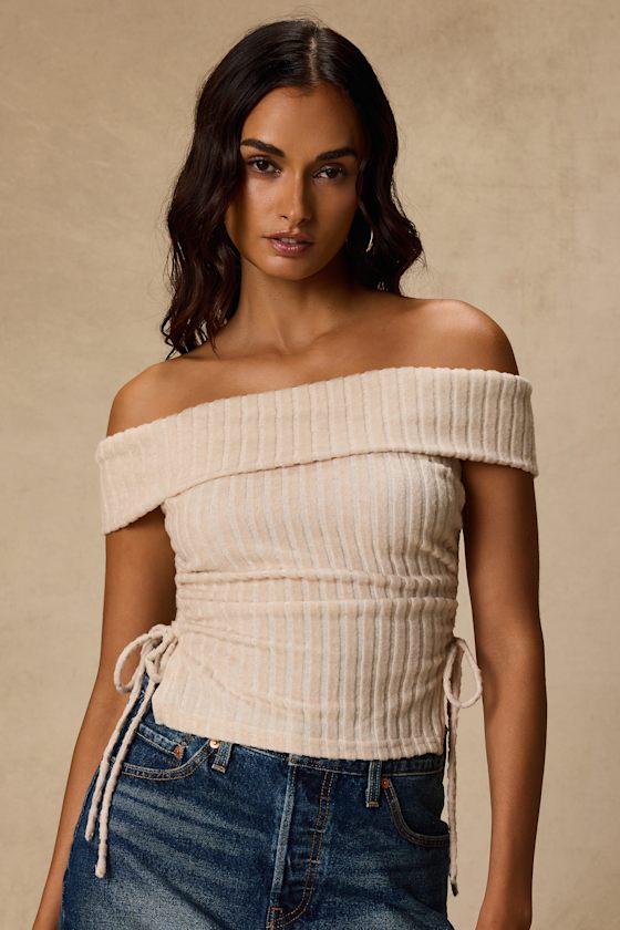 Saphira Cream Ribbed Knit Off-the-Shoulder Top 1