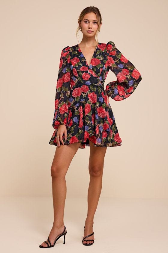 Kayden Black Floral Long Sleeve Wrap Dress - thumbnail 3