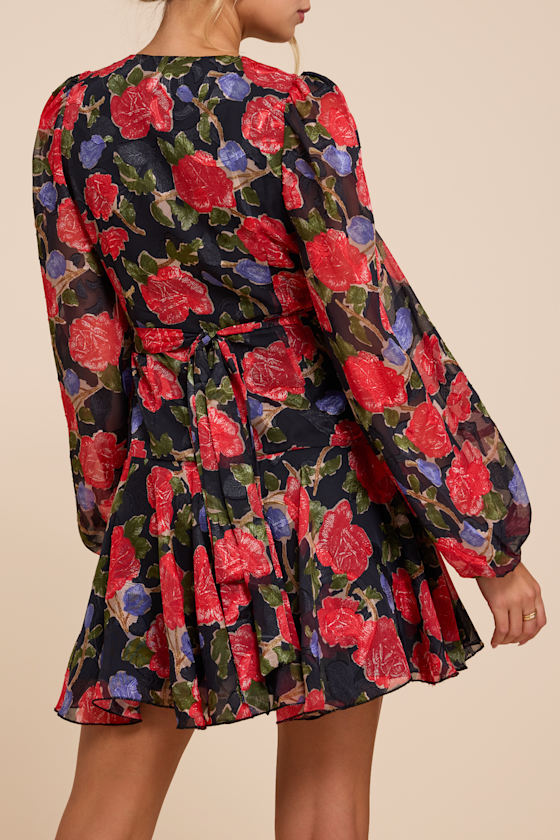 Kayden Black Floral Long Sleeve Wrap Dress - thumbnail 4
