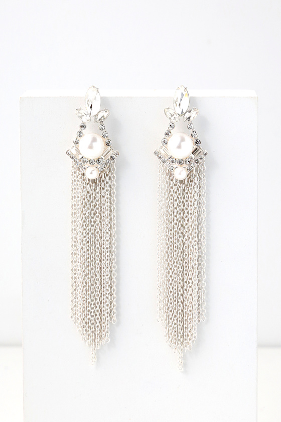 Lovely Silver and Pearl Earrings Tassel Earrings Lulus