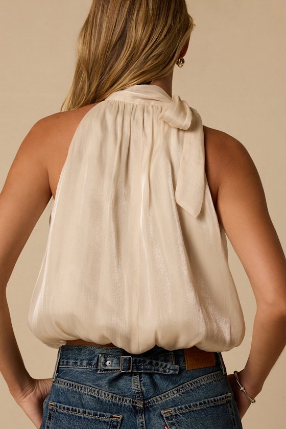 Kasen Cream Tie-Neck Bubble Hem Top - thumbnail 3