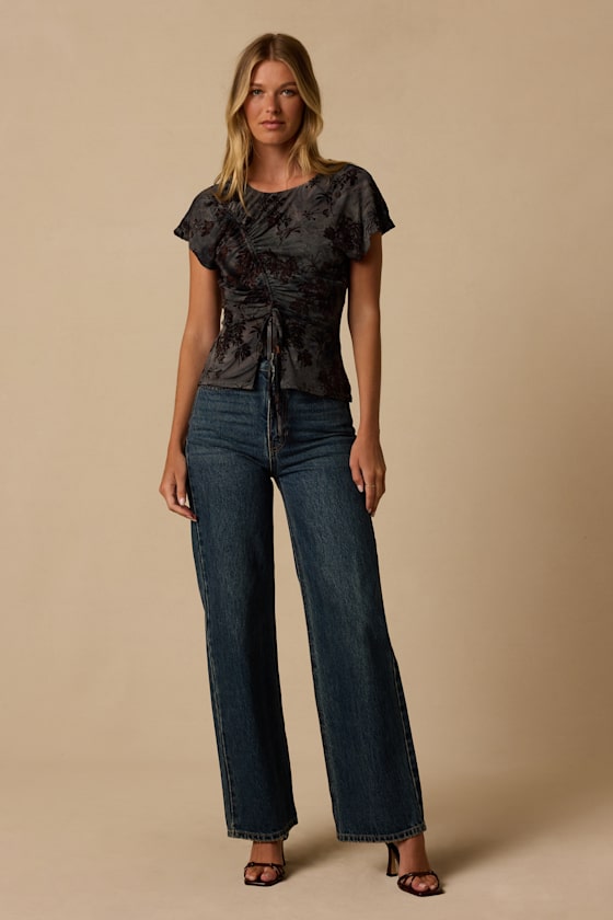 Misty Slate Blue Velvet Floral Drawstring Top - thumbnail 4