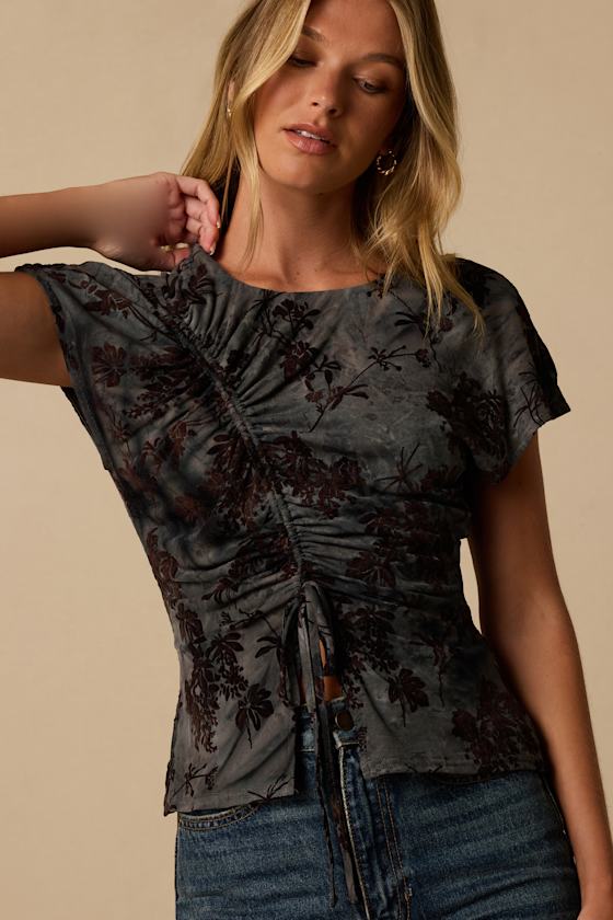 Misty Slate Blue Velvet Floral Drawstring Top - thumbnail 5