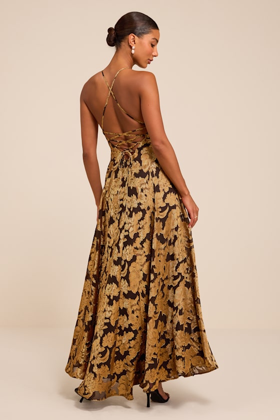 Starlet Brown Burnout Lace-Up Maxi Dress - thumbnail 3