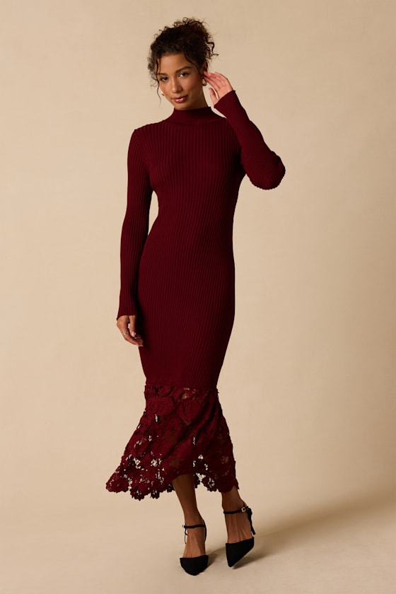 Lulus Markie Burgundy Ribbed Knit Lace Midi Dress