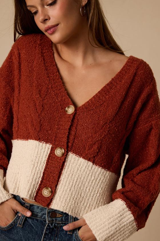 Lulus Convincingly Cozy Rust and Cream Cable Knit Boucle Cardigan