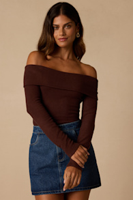 Sabriel Brown Off-the-Shoulder Long Sleeve Top 1