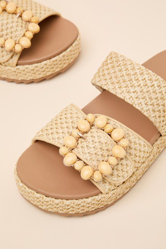 Babette Beige Raffia Buckle Platform Slide Sandals - thumbnail 6