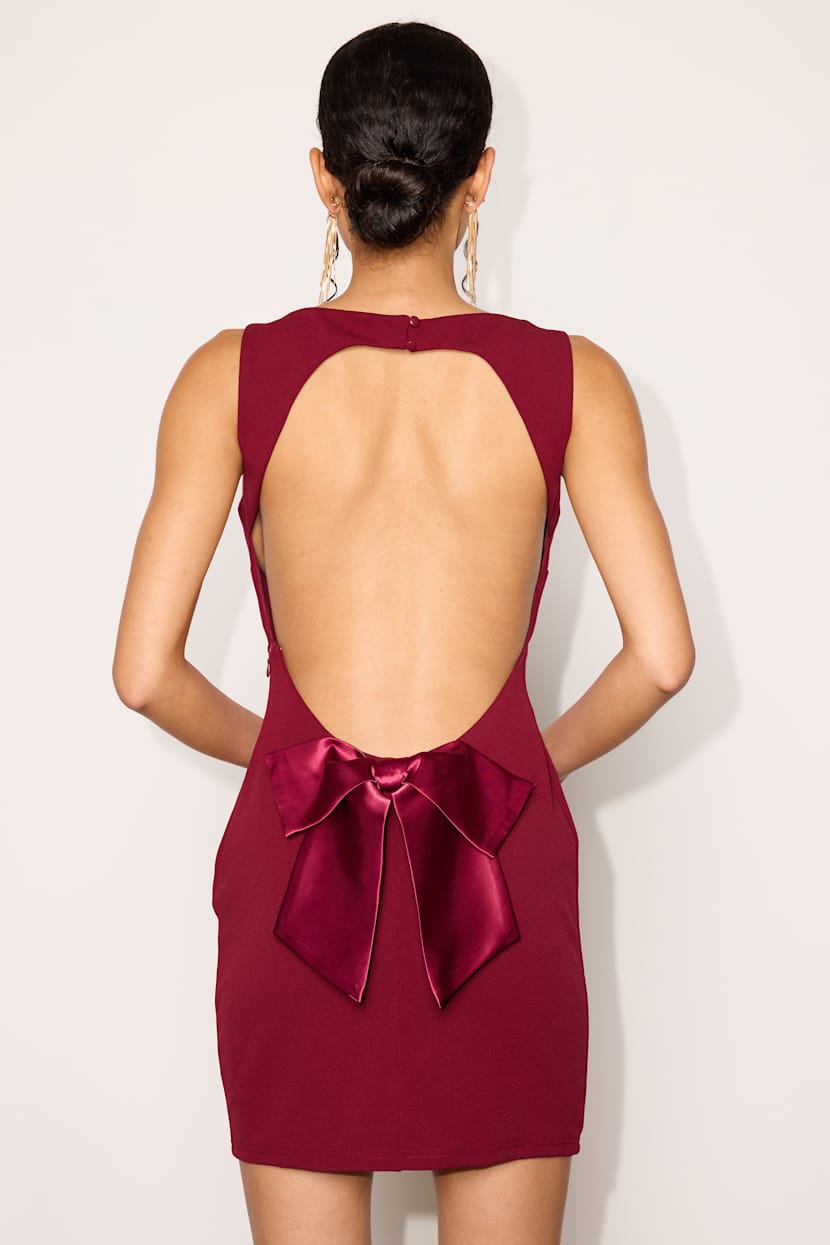 Wine Crepe Knit Mini - Back Cutout Dress - Wine Bow Mini Dress