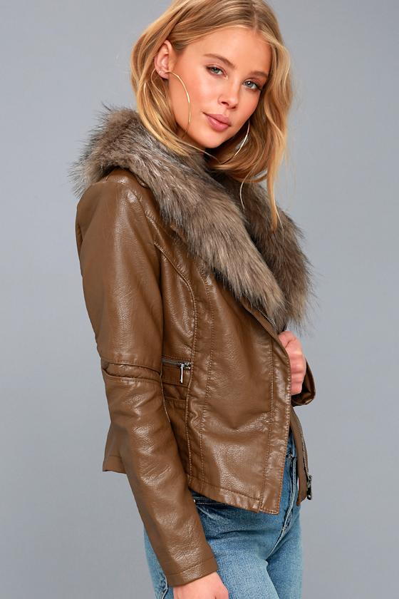 Brown Pu Leather Moto Jacket With Faux Fur Collar & Cuffs For Women, Plus Size Fall Winter Style main image 0