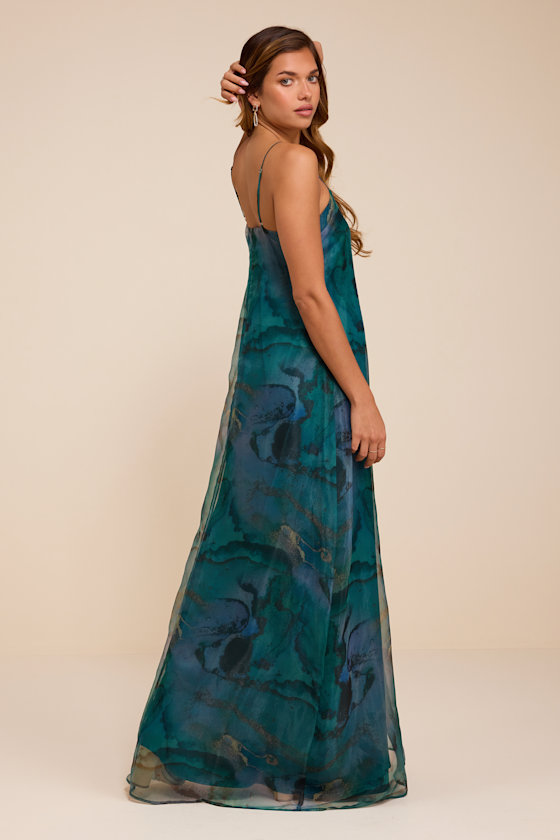 Bravo Teal Abstract Organza Maxi Dress - thumbnail 3
